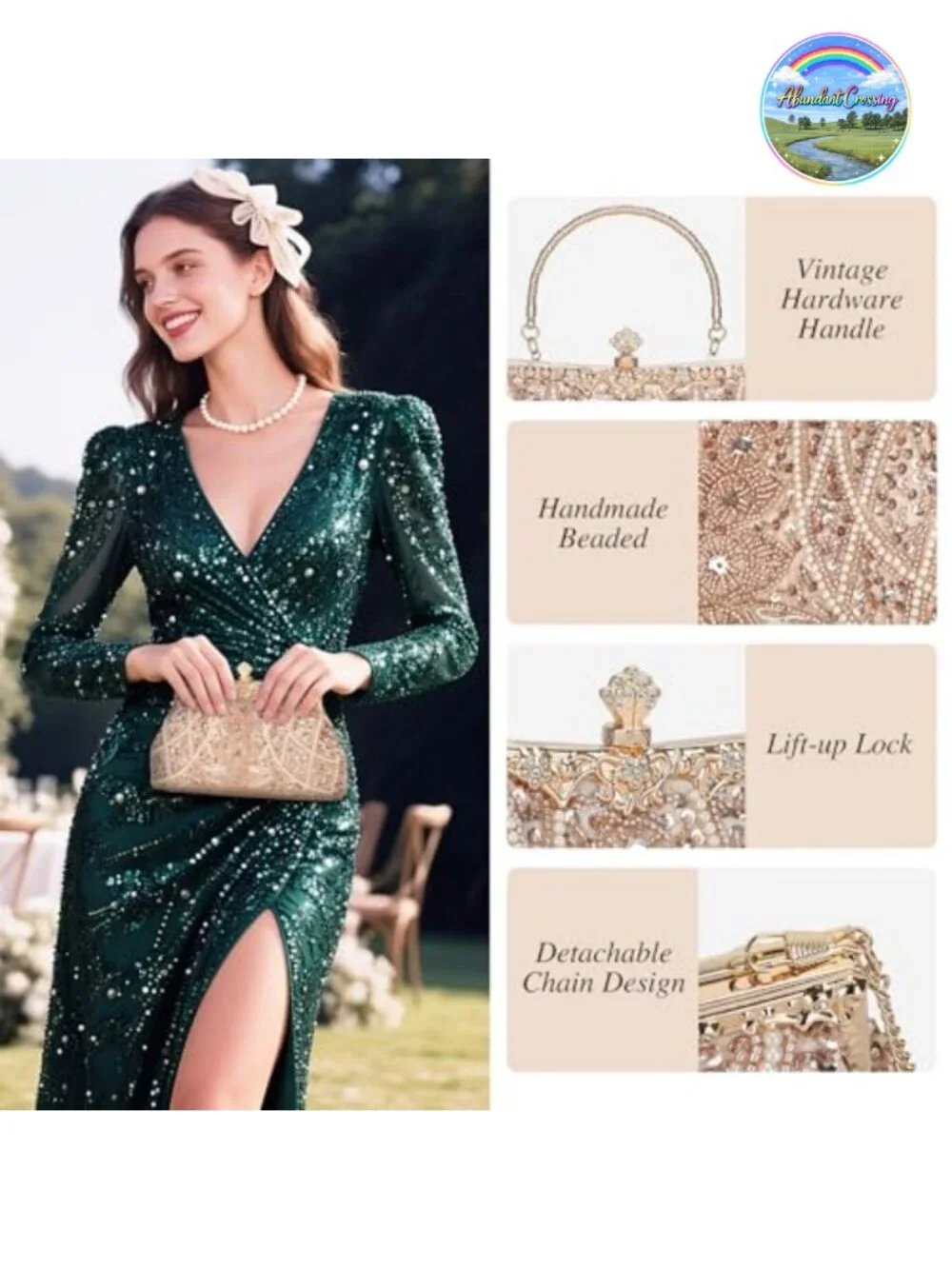 1920s Vintage Beaded Evening Clutch Purse Bridal Prom Party Handbag with Chain